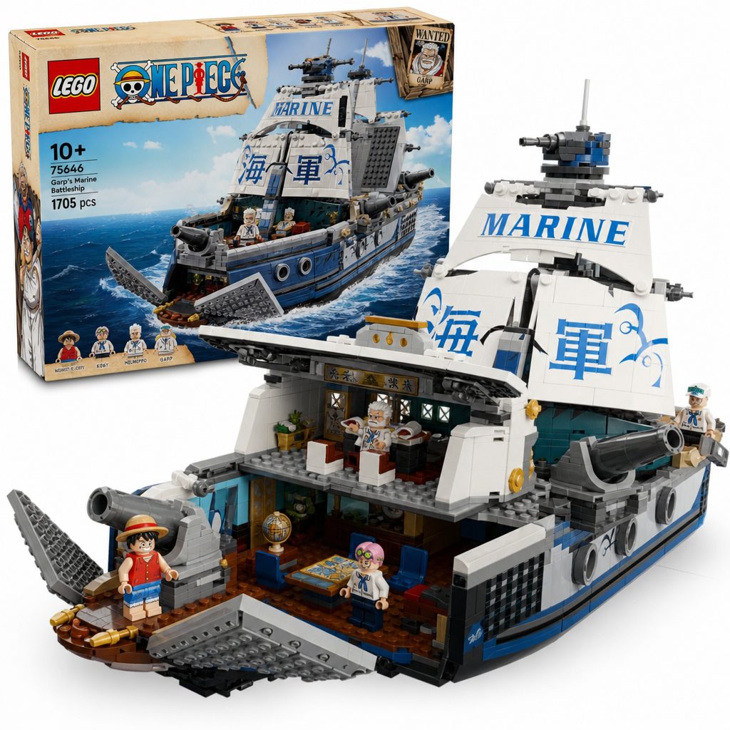 The opening deck is the set's practical advantage over a sealed display hull, revealing Garp's office and a map room without sacrificing the battleship's clean outer profile.