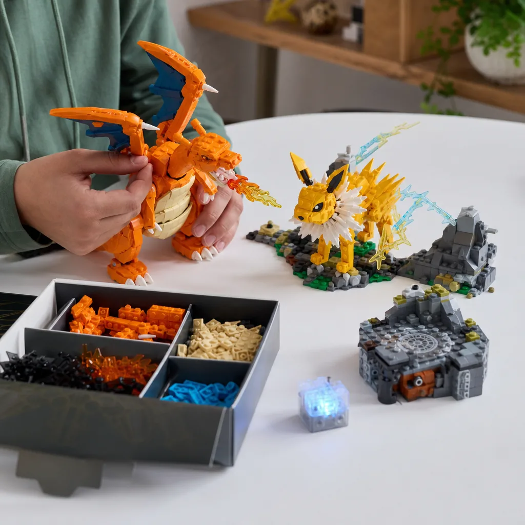 Colourful LEGO bricks and a small brick-built figure arranged on a wooden table with a charging pad nearby