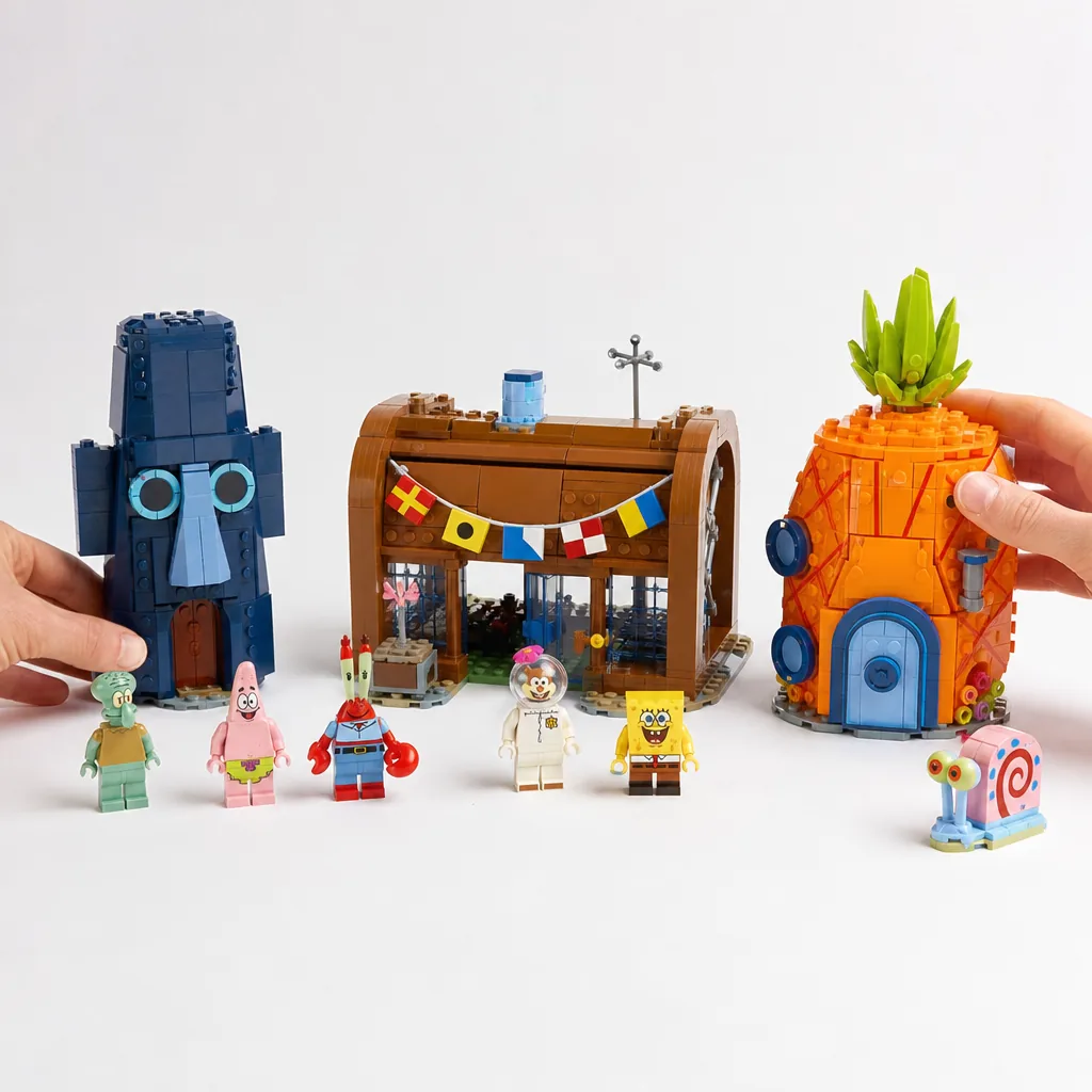 Colourful LEGO brick buildings arranged as a miniature underwater neighbourhood scene