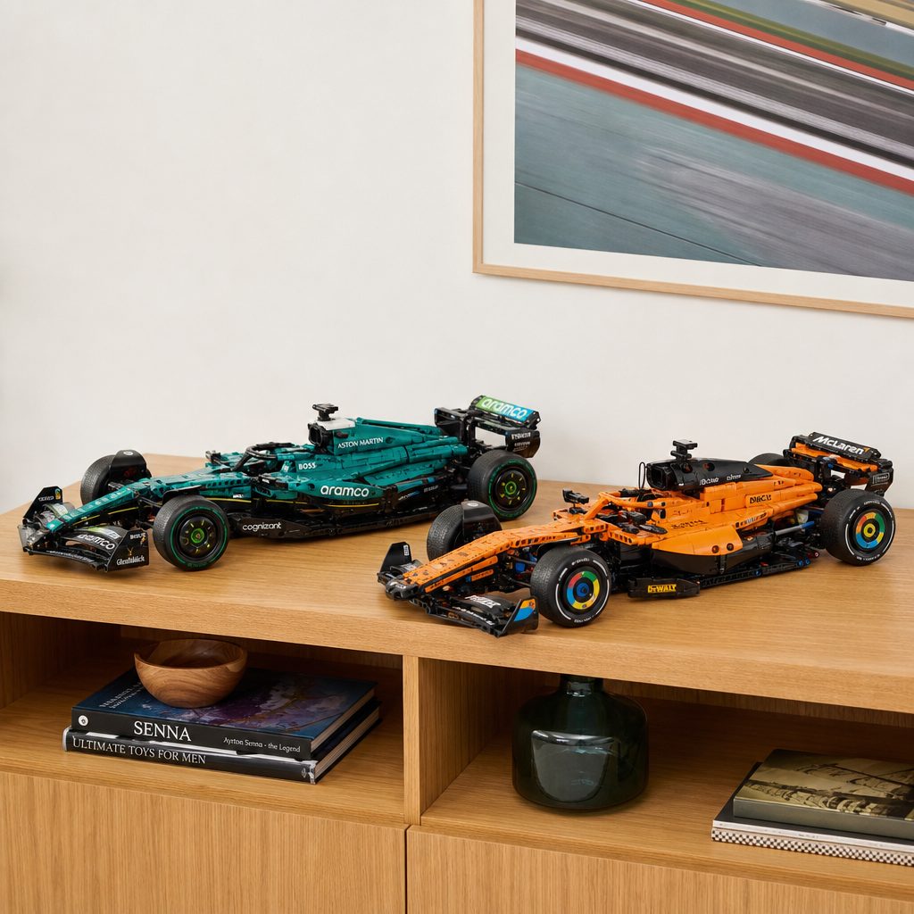 Both finished models reward a dedicated shelf rather than a crowded desk. Their shared 61cm length makes them easy to align in a wider LEGO Technic F1 display.