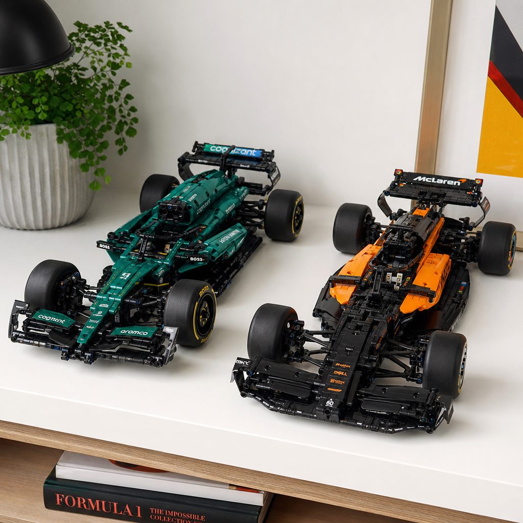 The MCL39's papaya-and-black bodywork gives the model strong visual contrast, helping the Technic panels and aero surfaces remain readable from across a room.
