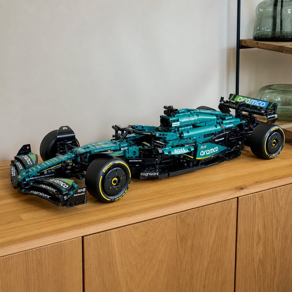 The AMR25's sprawling front wing and long bodywork make it a proper centrepiece, but it needs far more room than a typical LEGO display set.