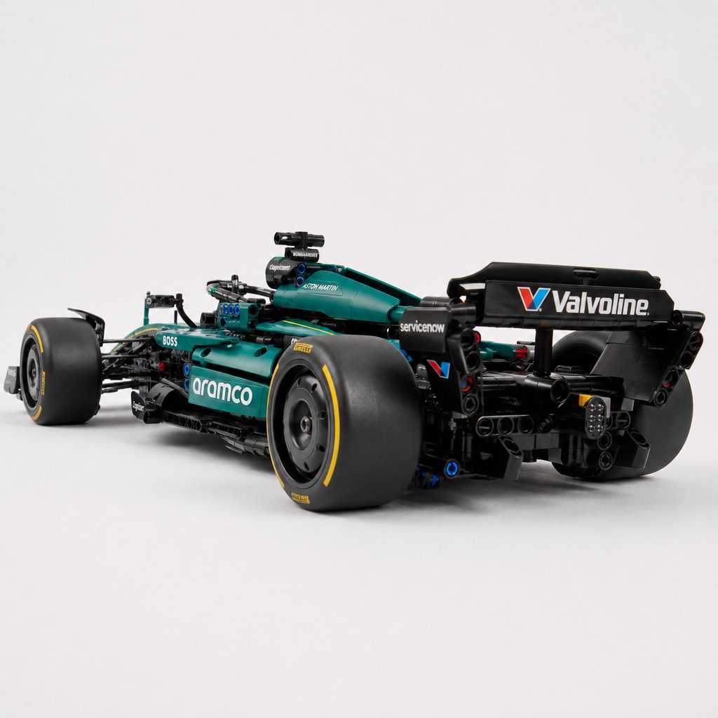 The large tyres create a dramatic silhouette, although the narrow rear-wheel treatment does not quite deliver the planted stance of the real AMR25.