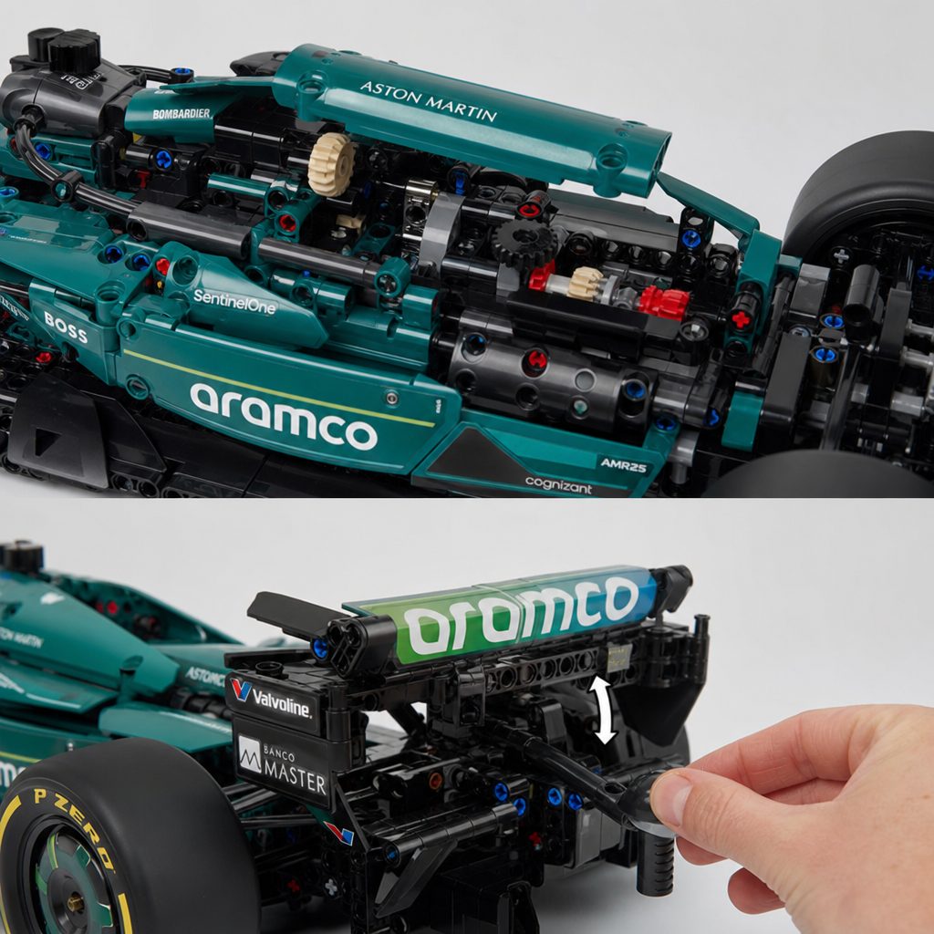 The two-speed gearbox and DRS-linked rear wing are the AMR25's mechanical highlights, giving the static display car a useful dose of interaction.