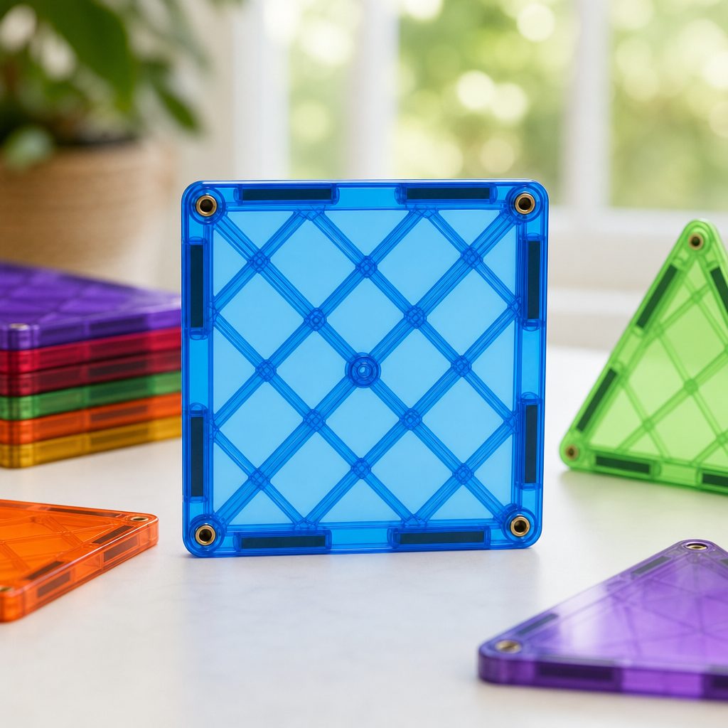 Squares, triangles and a magnet in every edge — the format every rival copied, which is why tiles from different brands still snap together.