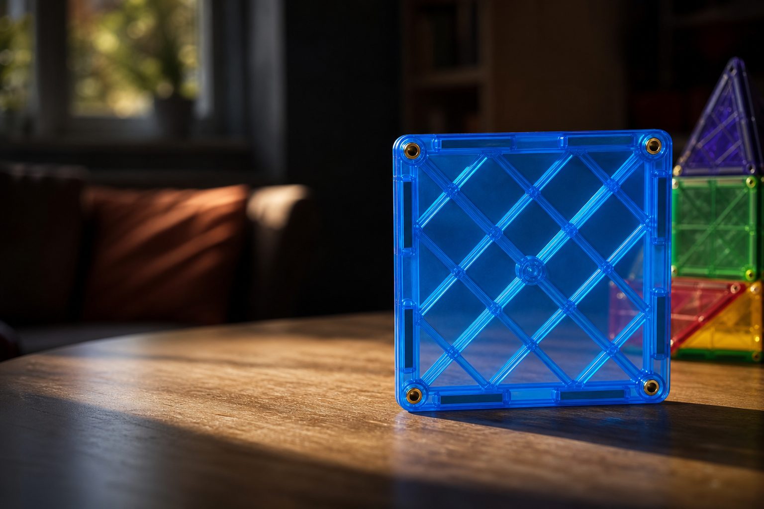 The whole appeal in one shot: a translucent tile with the light coming through it, and the rest of the set waiting behind.