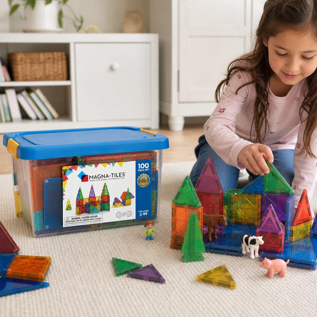 Magna-Tiles work just as well as part of imaginative small-world play as they do in a focused building session.