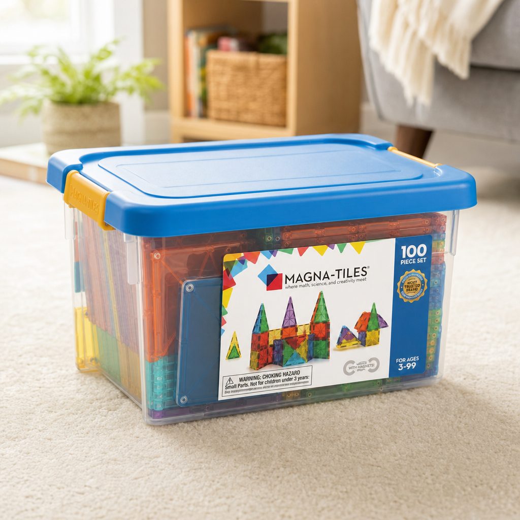The strongest Magna-Tiles builds start with a broad base; an engineering lesson arrives before anyone has called it one.