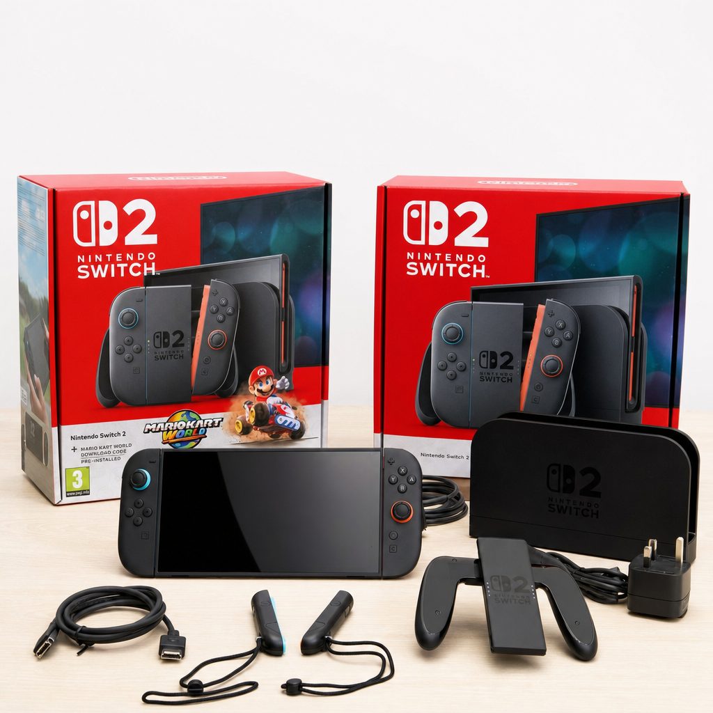 A Nintendo Switch 2 with both Joy-Con detached, dock, grip, cables and UK power adapter laid out in front of both retail boxes