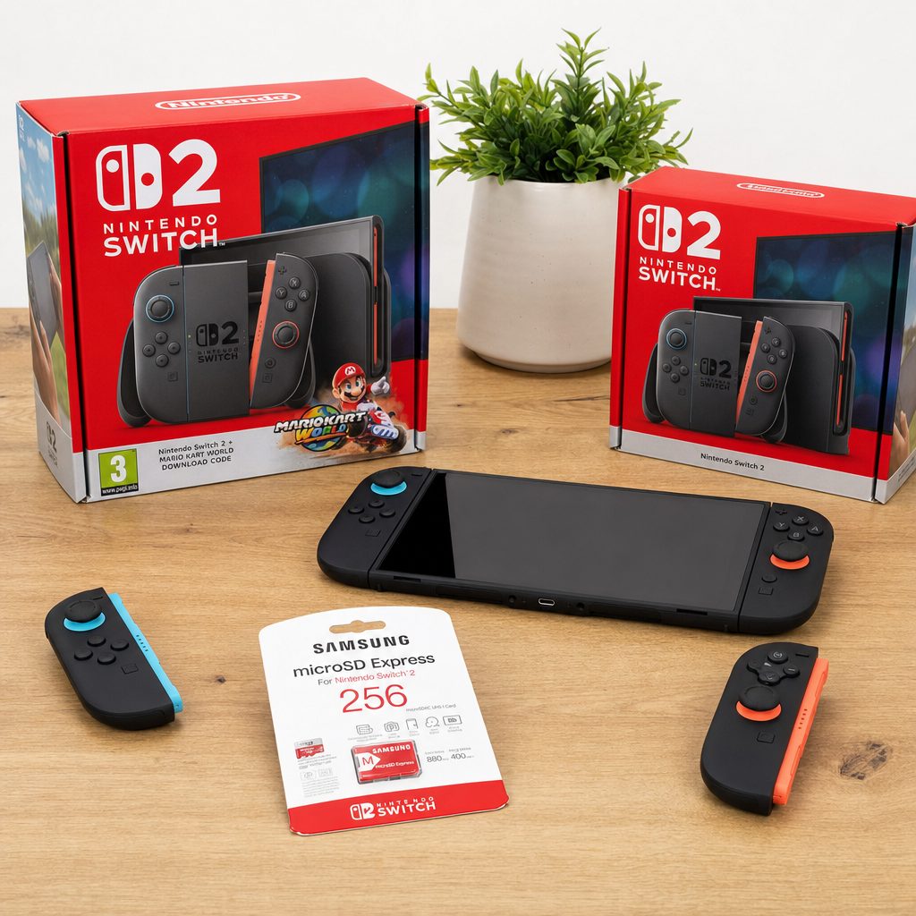 Both Nintendo Switch 2 boxes on a table with the console and a Samsung 256GB microSD Express card