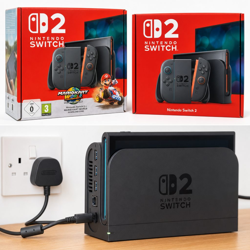 Close-up of the Nintendo Switch 2 dock showing its USB ports and Ethernet socket, plugged into a UK wall socket