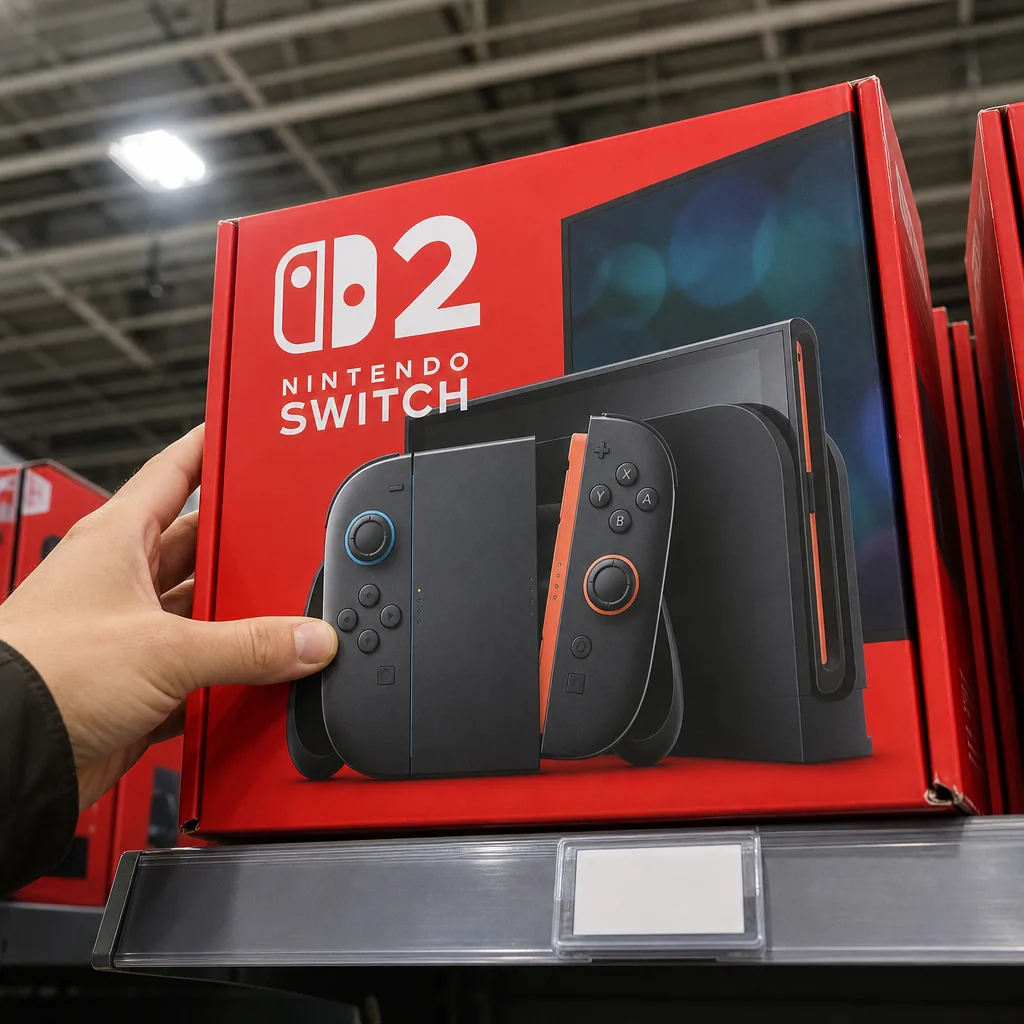 Nintendo Switch 2 handheld console with Joy-Con 2 controllers on a wooden desk
