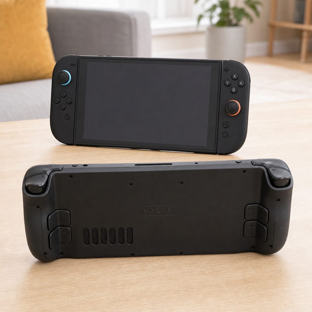 Steam Deck OLED's rear grip buttons and PC-style control layout favour players who want more commands under their fingers, while Switch 2's detachable Joy-Con concept is built for quick shared play.