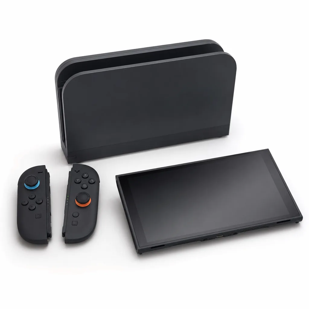A hybrid handheld games console beside its dock