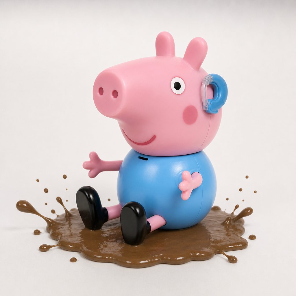 George's leg-press muddy-puddle effect gives children an instantly understandable action-and-reaction moment for independent play.