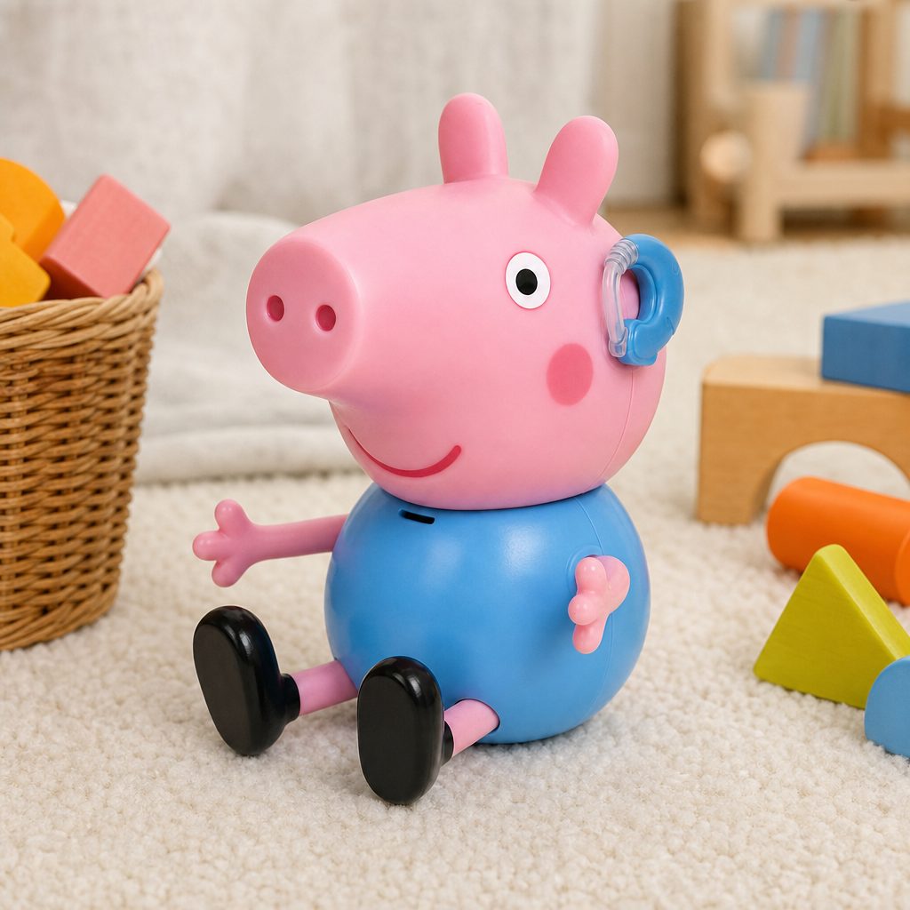 In a shared toy box, George works best as an active character who can bring songs, muddy puddles and a visible assistive device into everyday pretend play.