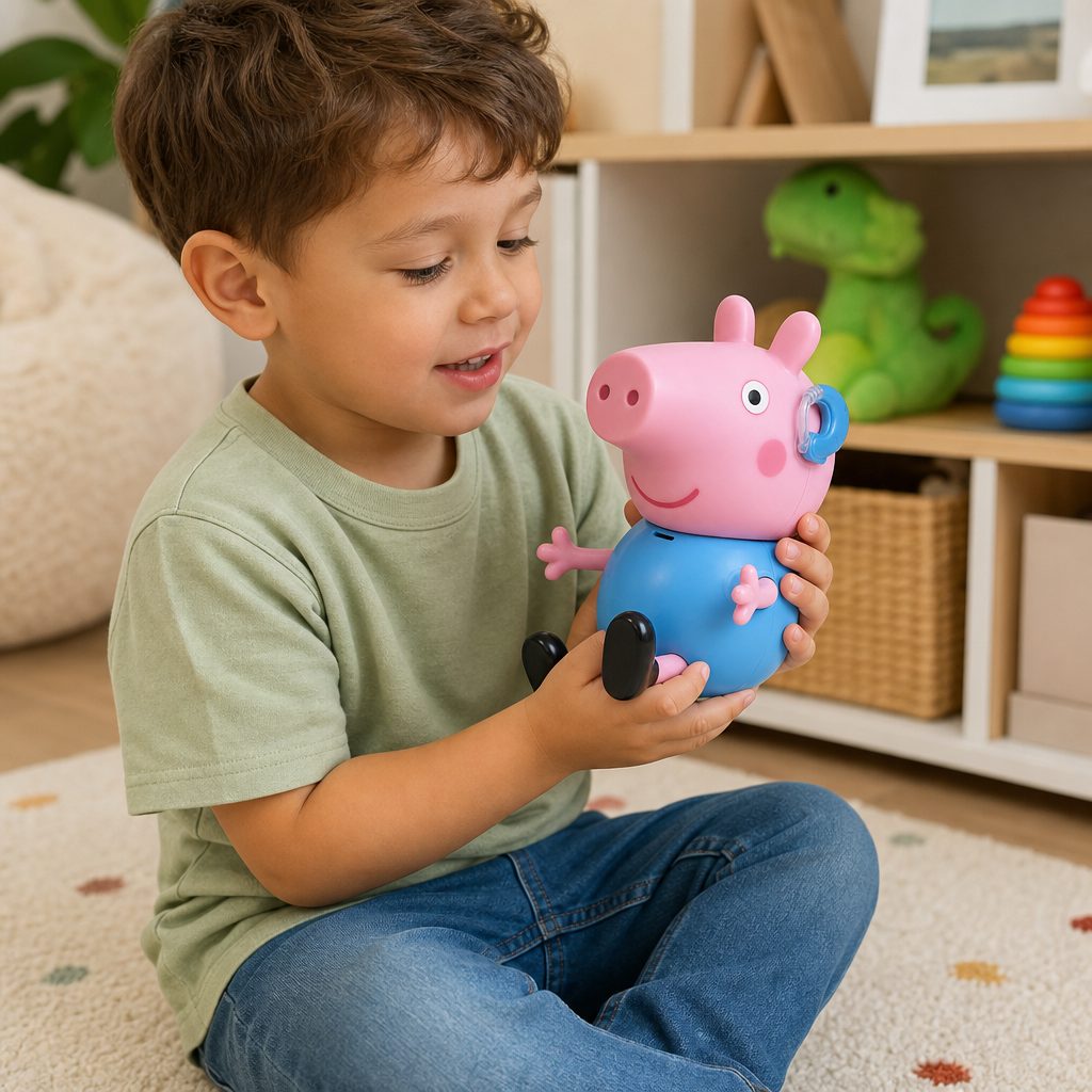 The 20cm Joke &amp; Sing George is large enough for young hands to carry, cuddle briefly and take charge of during a very important dinosaur concert.