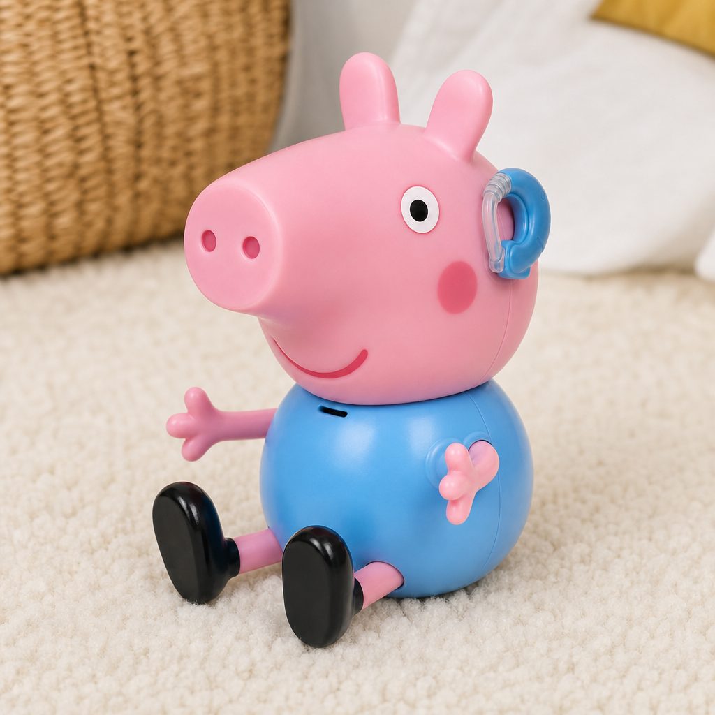 The Talking George Plush offers the same visible hearing-aid representation in a softer 20cm format with seven familiar phrases.
