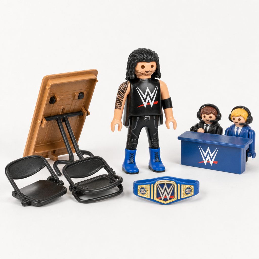 The breakable table, folding chairs, championship belt and ringside staff give the RAW set the storytelling ingredients a wrestling toy needs.