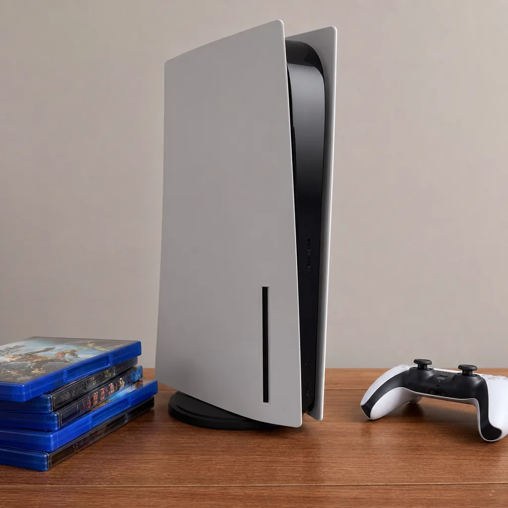 A PS5 console and controller next to a stack of physical game cases on a shelf