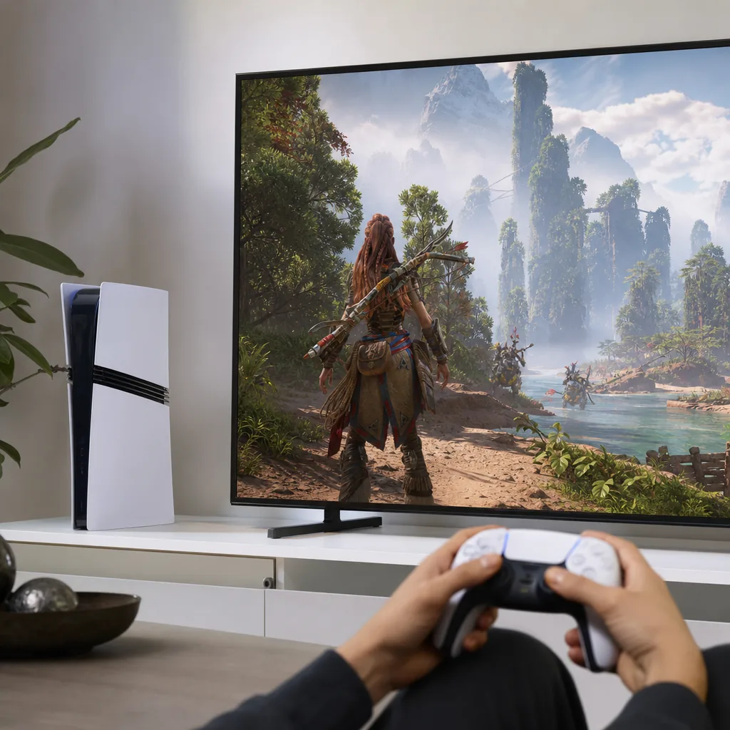 PS5 Pro console beneath a 4K television in a living room