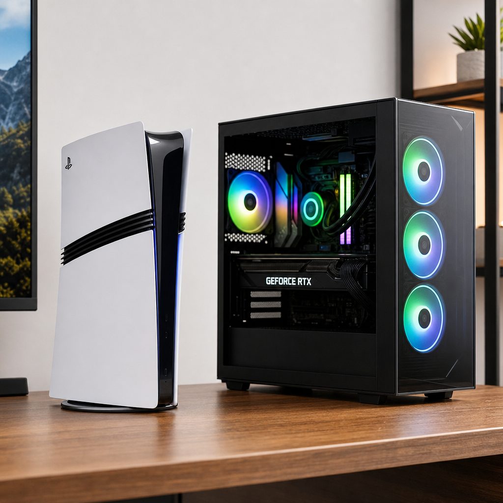 The PS5 Pro's fixed hardware is deliberately simple; the PC route ranges from near-console configurations to RTX 5080 systems built for much heavier 4K workloads.