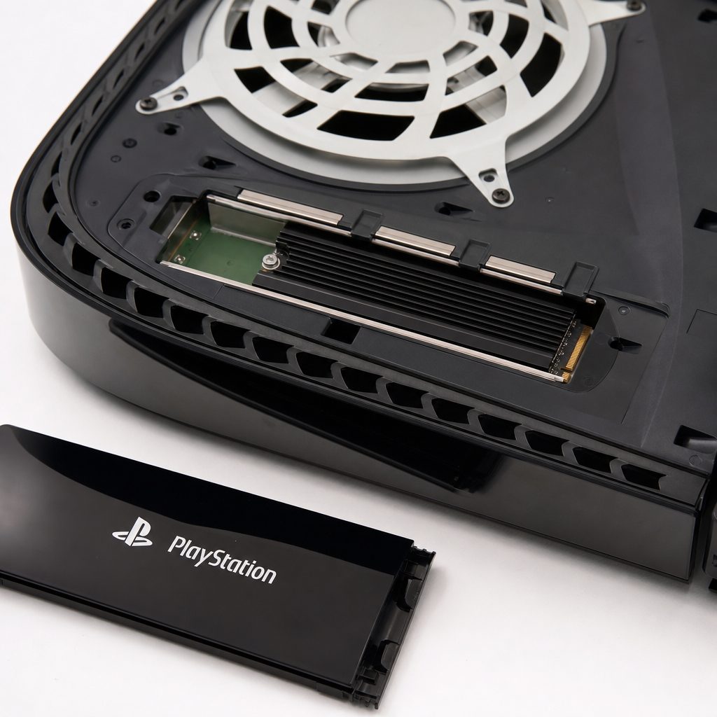 A low-profile heatsink keeps an M.2 SSD within the PS5 bay's height limits, helping the drive remain cool without fouling the cover.