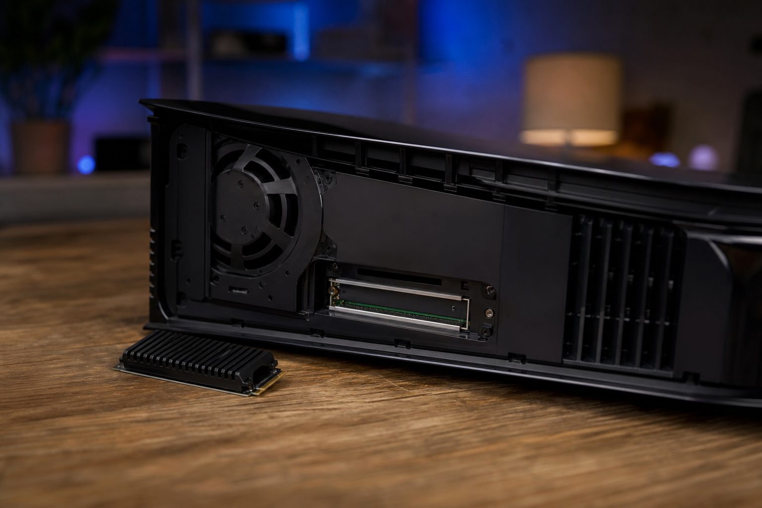 An opened PS5 Pro beside a compatible M.2 NVMe drive: the internal slot is the route to extra game space that behaves like part of the console.