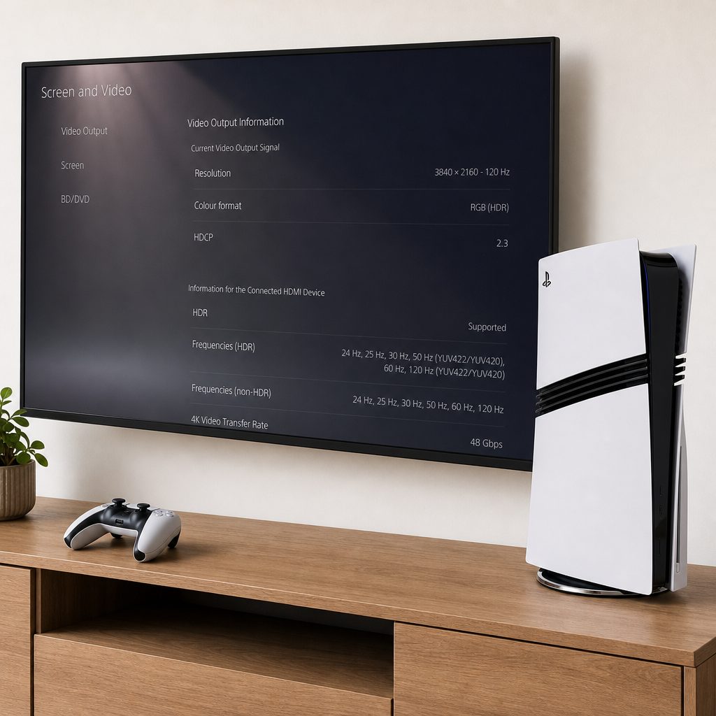 The final check is the console's Current Video Output Signal screen: it shows the format the PS5 Pro and display have actually agreed to use.