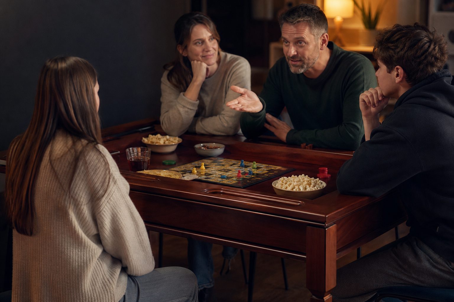 A modern games table still has the reassuring ritual of a classic family game night: a shared board, a small pile of snacks and at least one person insisting that the rules surely cannot mean that.