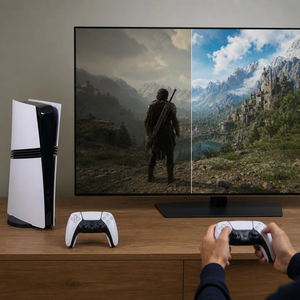 PlayStation 5 Pro console and DualSense controller on a gaming desk