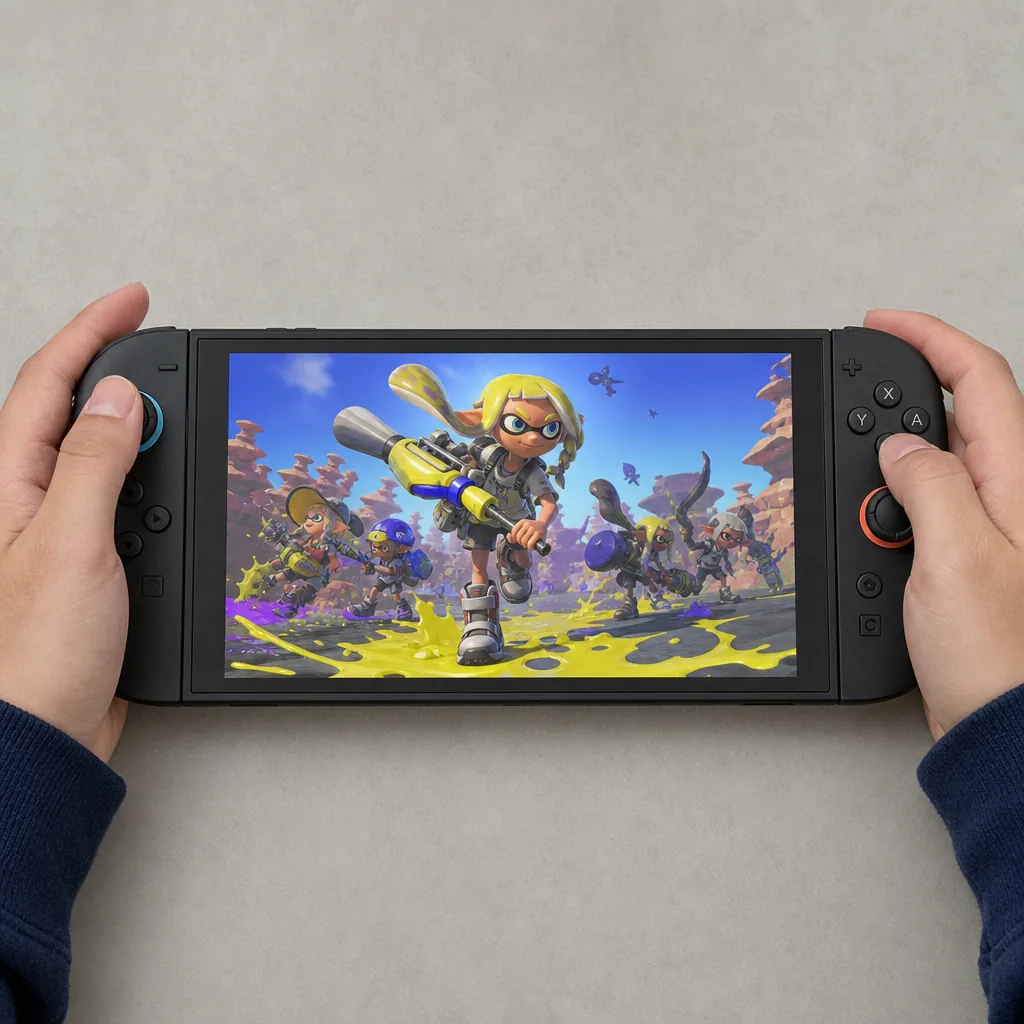 Nintendo Switch 2 console beside a physical game cartridge on a wooden desk