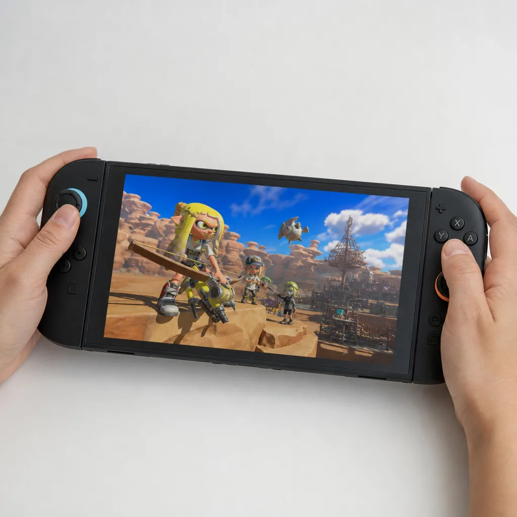 Nintendo Switch 2 handheld console beside three Deep Cut amiibo figures