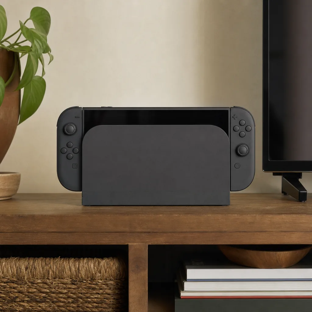 Nintendo Switch 2 console in handheld mode on a wooden table in a living room