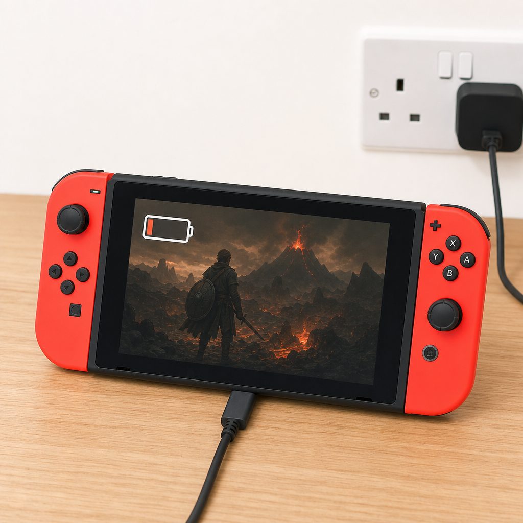Demanding handheld play can make the battery meter move slowly even with a capable charger connected. Sleep mode is the fair test when you need a quick top-up.