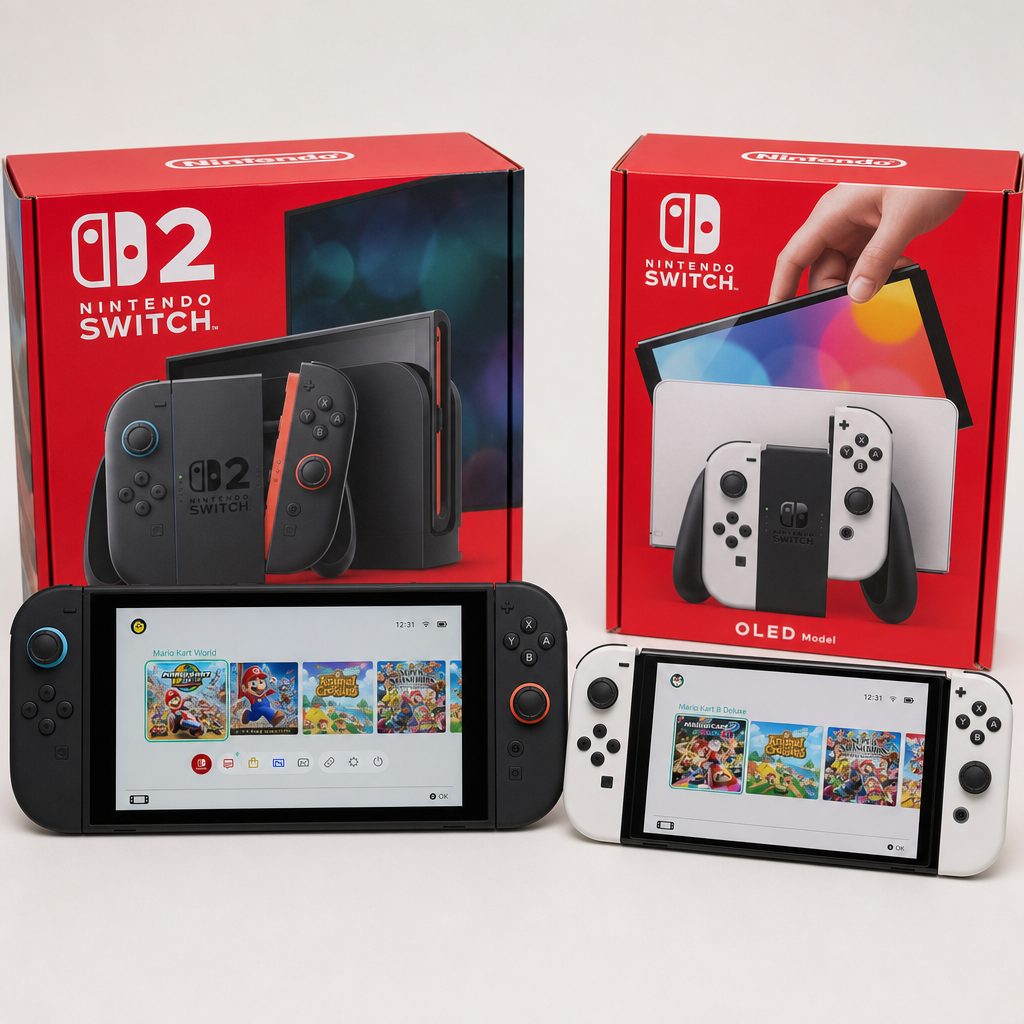 Switch 2's extra size accommodated a larger screen and new hardware, but Switch OLED was lighter in hand and carried the stronger official battery-life range.