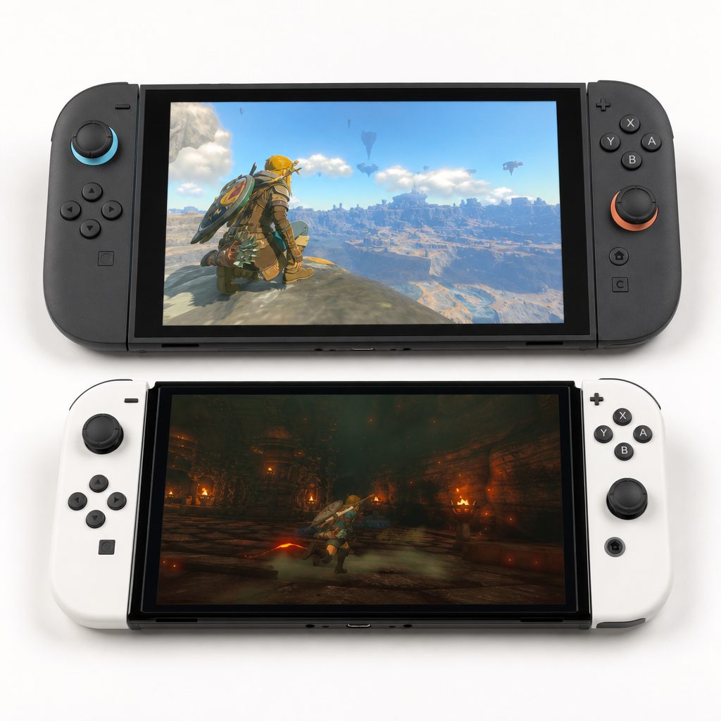 Switch OLED's panel remained exceptionally appealing for dark, colourful games, whilst Switch 2 countered with a sharper 1080p image and more screen space.