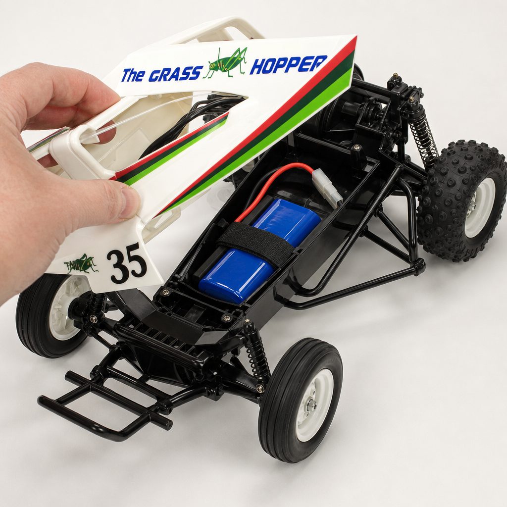 A correctly sized 2S hard-case LiPo can fit the Grasshopper's original battery bay, bringing a modern boost to a fundamentally vintage chassis.