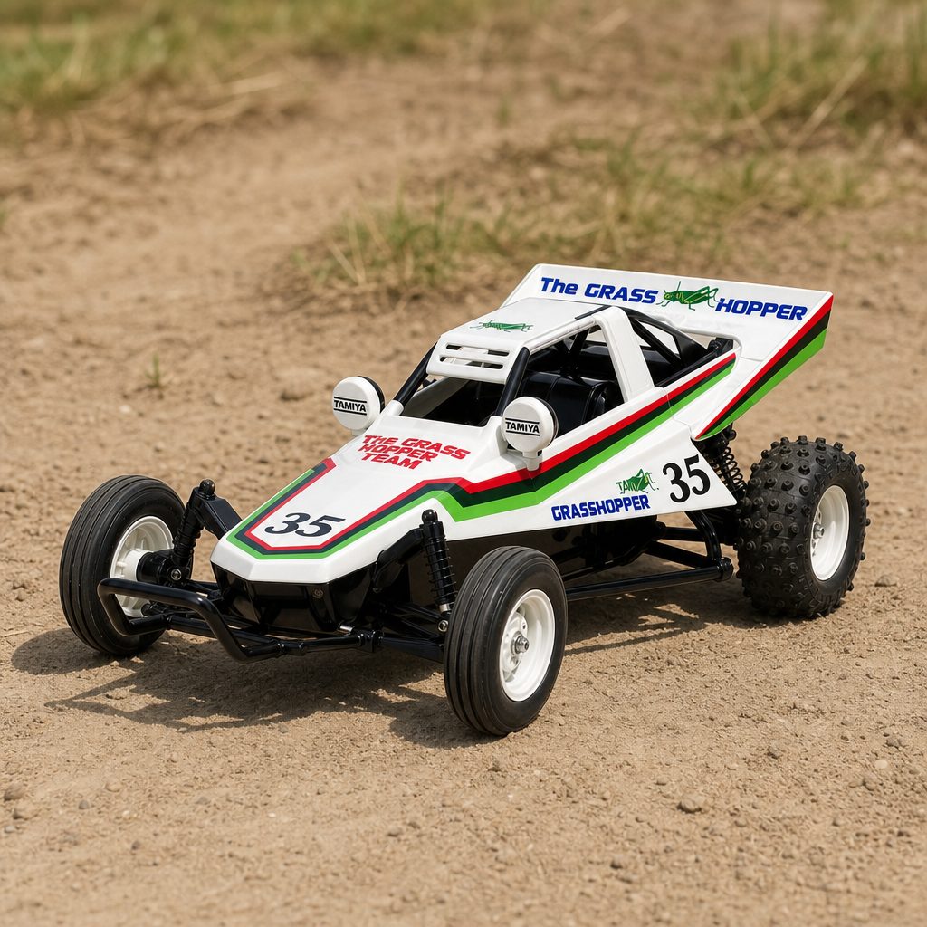 The Comical Grasshopper shares the name and visual inspiration, but its WR-02CB chassis, four-wheel double wishbones and wheelie bar place it in a very different category.