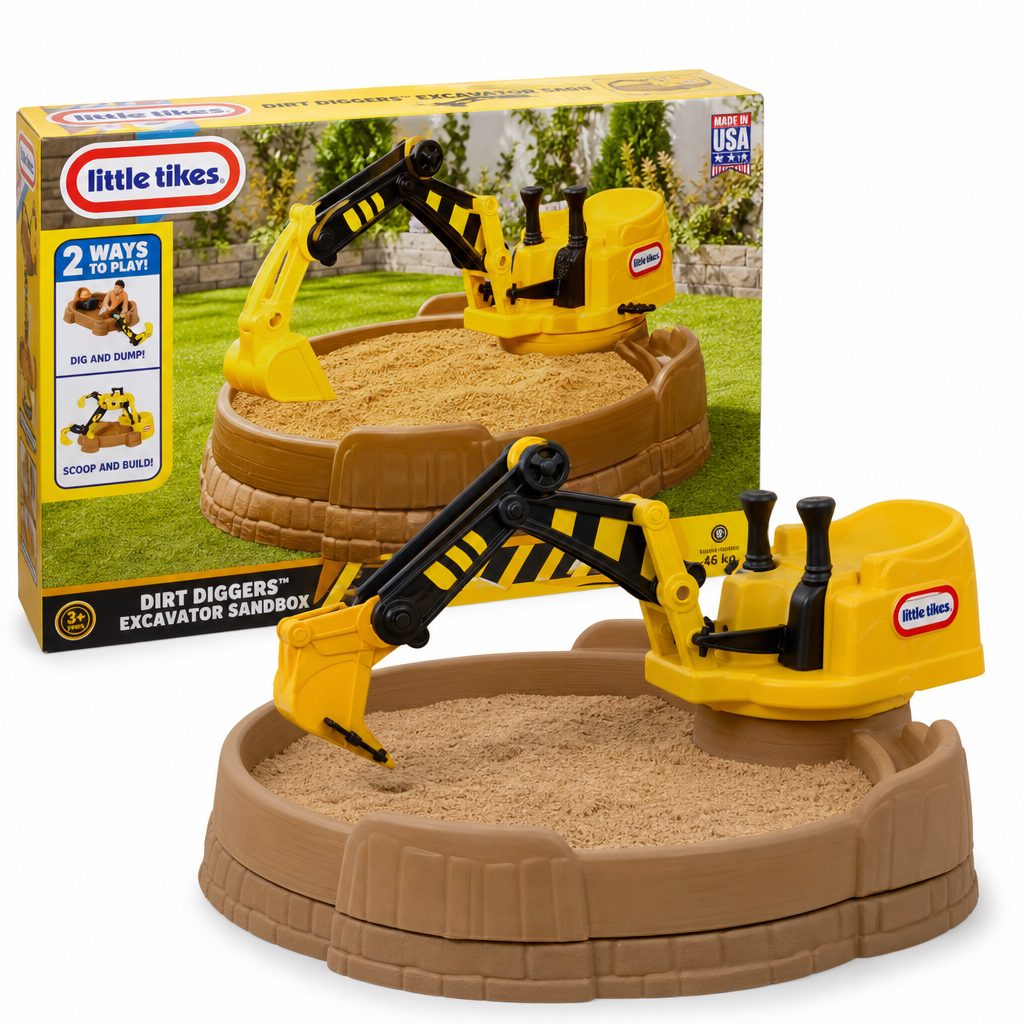 The Little Tikes Dirt Diggers Excavator Sandbox pairs a working digger arm with a 46 kg sand capacity, turning basic scooping into a full construction-site game.