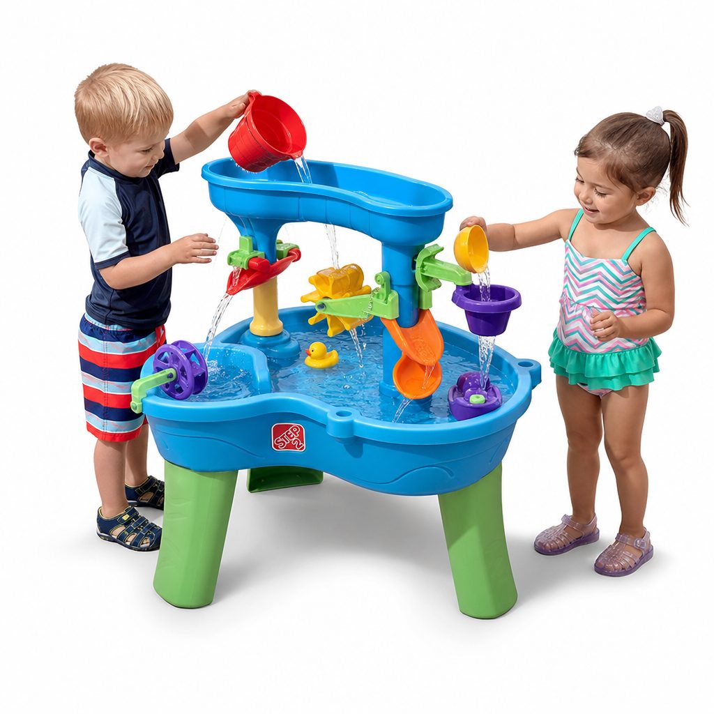 The Step2 Rain Showers Splash Pond Water Table uses a two-tier route for pouring, spinning and falling water, which gives young children plenty to repeat and alter.