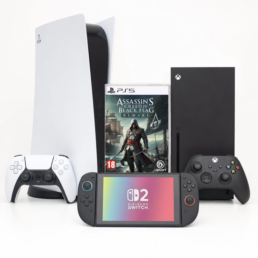 A PlayStation 5, Xbox Series X and Nintendo Switch 2 with an Assassin's Creed IV Black Flag Remake case