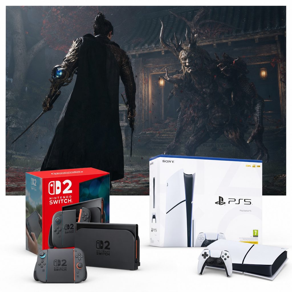 A samurai action game on a large TV with Nintendo Switch 2 and PlayStation 5 boxes in front of it
