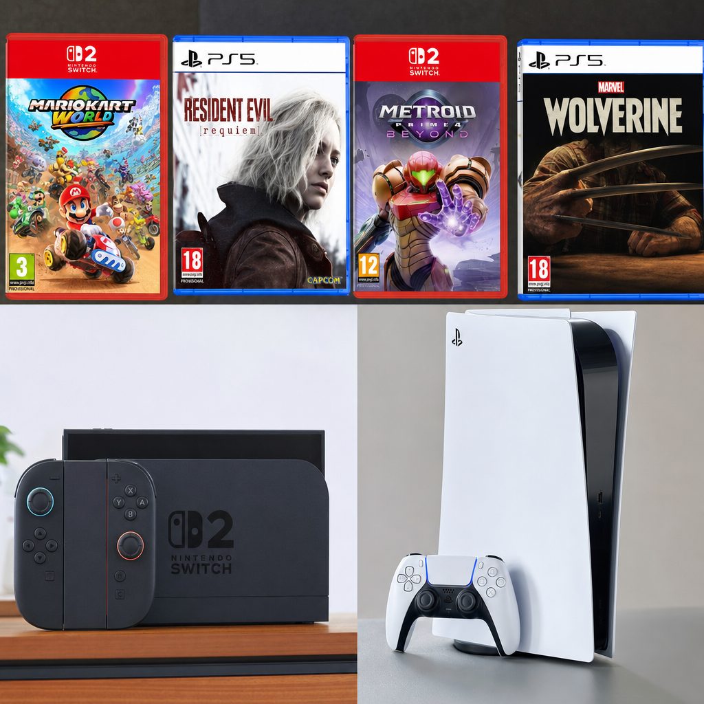 Cases for Mario Kart World, Resident Evil Requiem, Metroid Prime 4 Beyond and Marvel's Wolverine above a Switch 2 and a PlayStation 5
