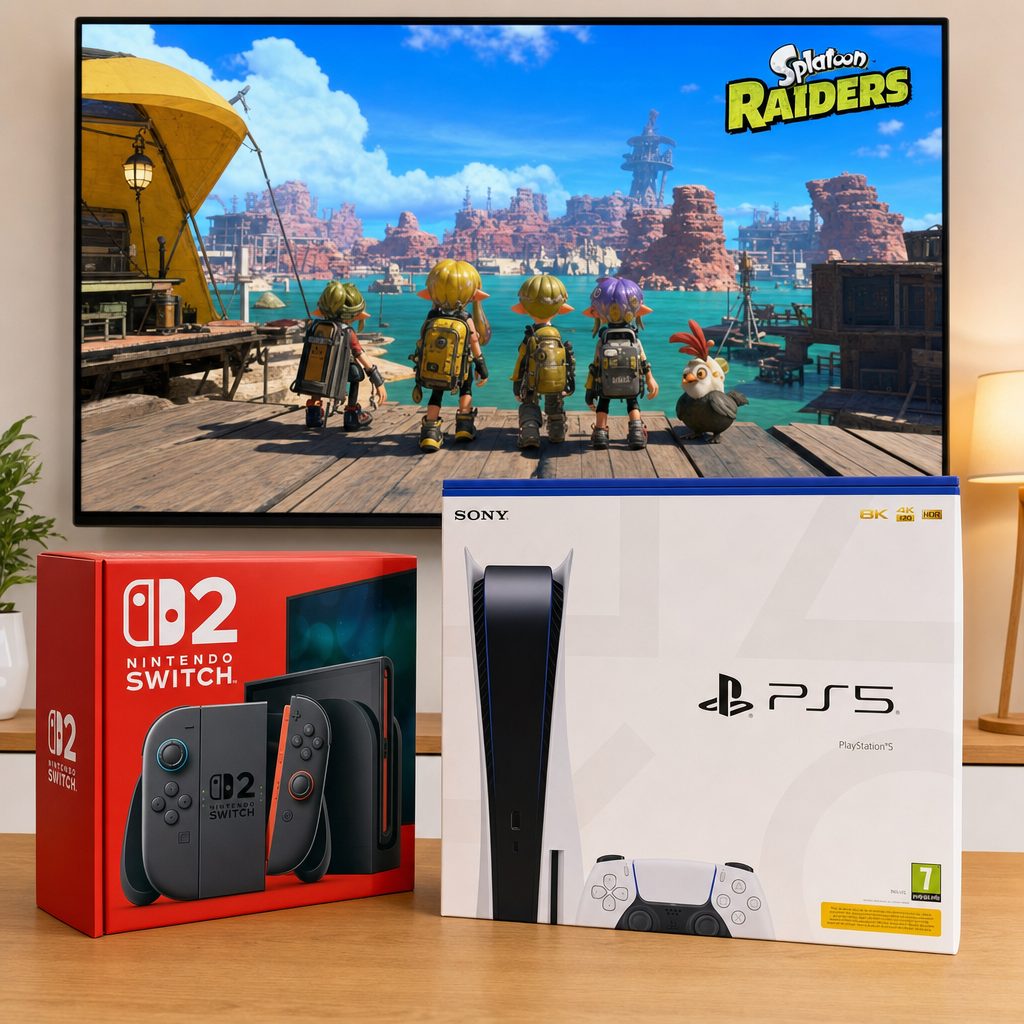 Splatoon Raiders on a living-room TV with Nintendo Switch 2 and PlayStation 5 boxes below it