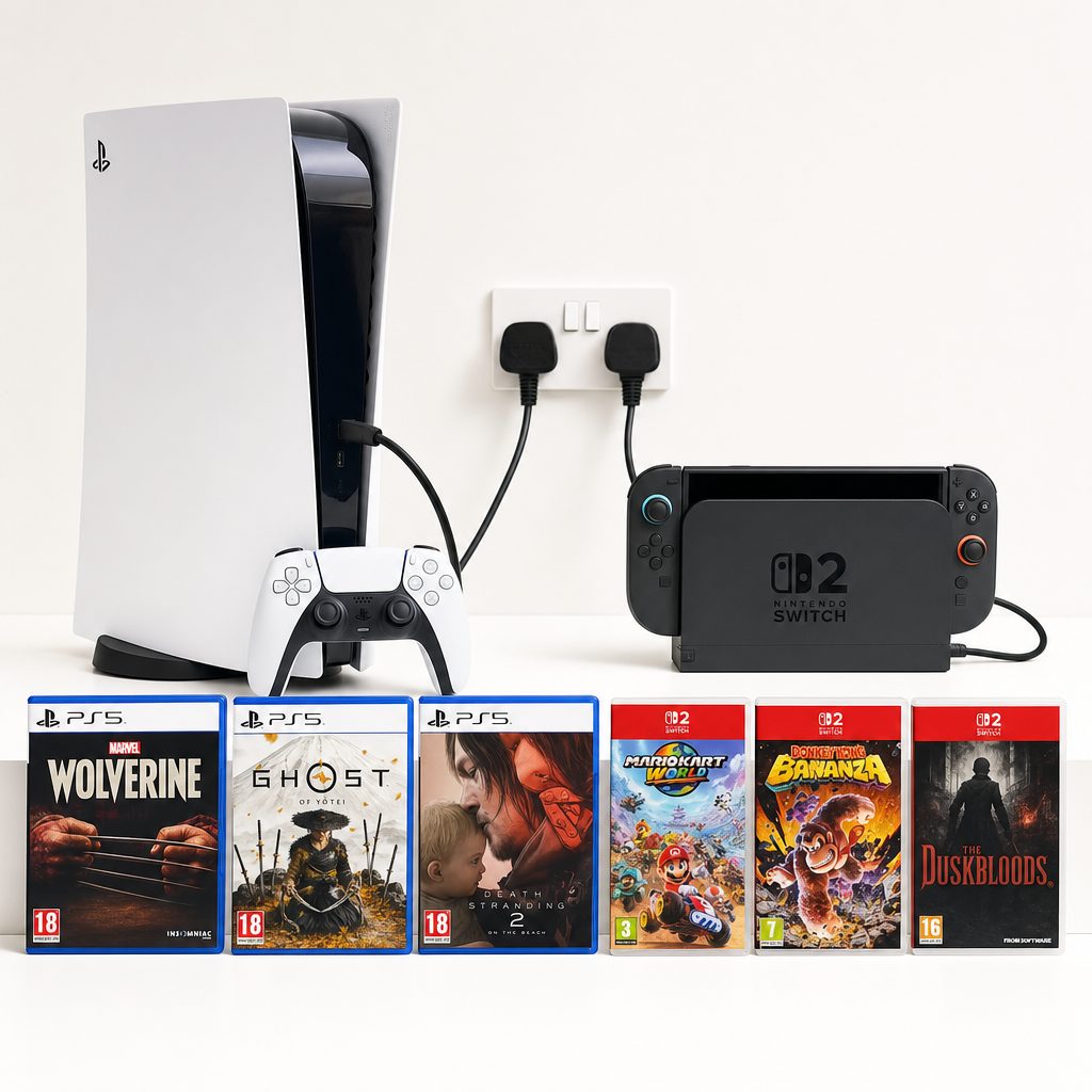 A PlayStation 5 and a docked Nintendo Switch 2 with six game cases lined up in front of them