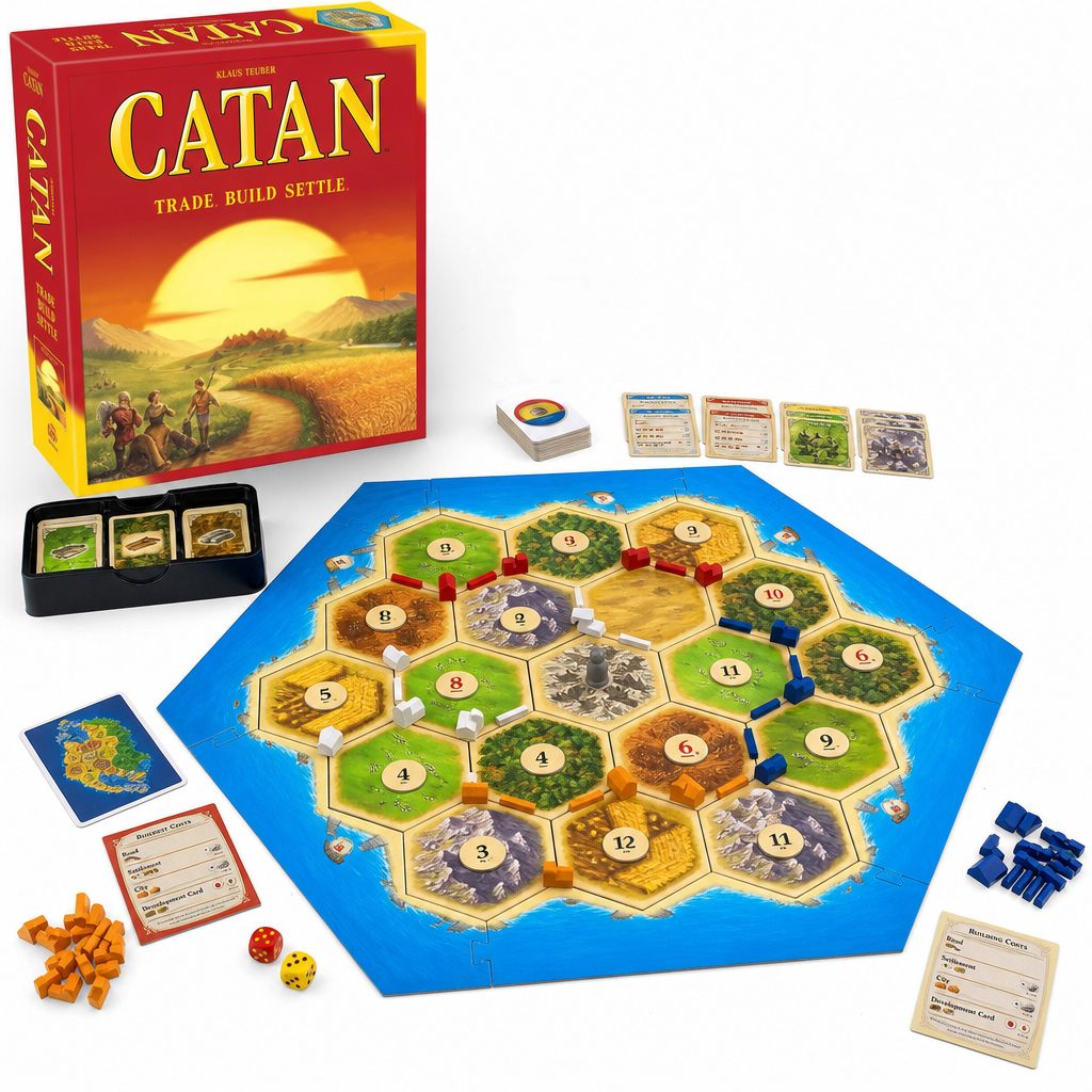 Catan's board begins as an open island and slowly becomes a visible record of every promising route, blocked intersection and trade-fuelled expansion.