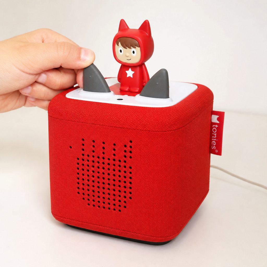 The flexible silicone ears are the volume controls — a wonderfully obvious solution for children who are not remotely interested in menus.