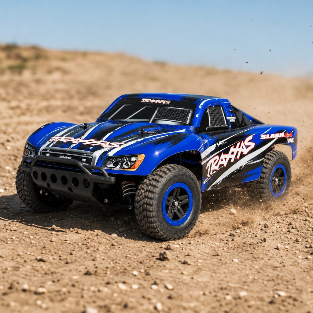 A short-course truck's low, wide body and four-wheel-drive layout make the Slash more forgiving over loose ground than its headline speed might suggest.