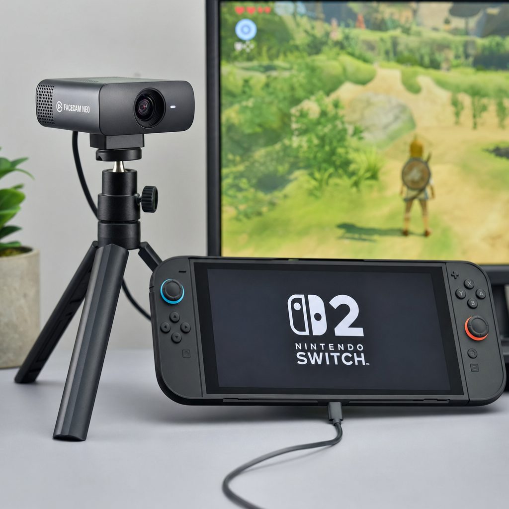 An Elgato Facecam Neo on a small tripod beside a Nintendo Switch 2, a game running on the monitor behind